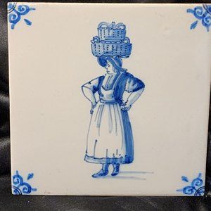 Vintage Harlingen Holland Delft Tile: Woman with Baskets on Her Head